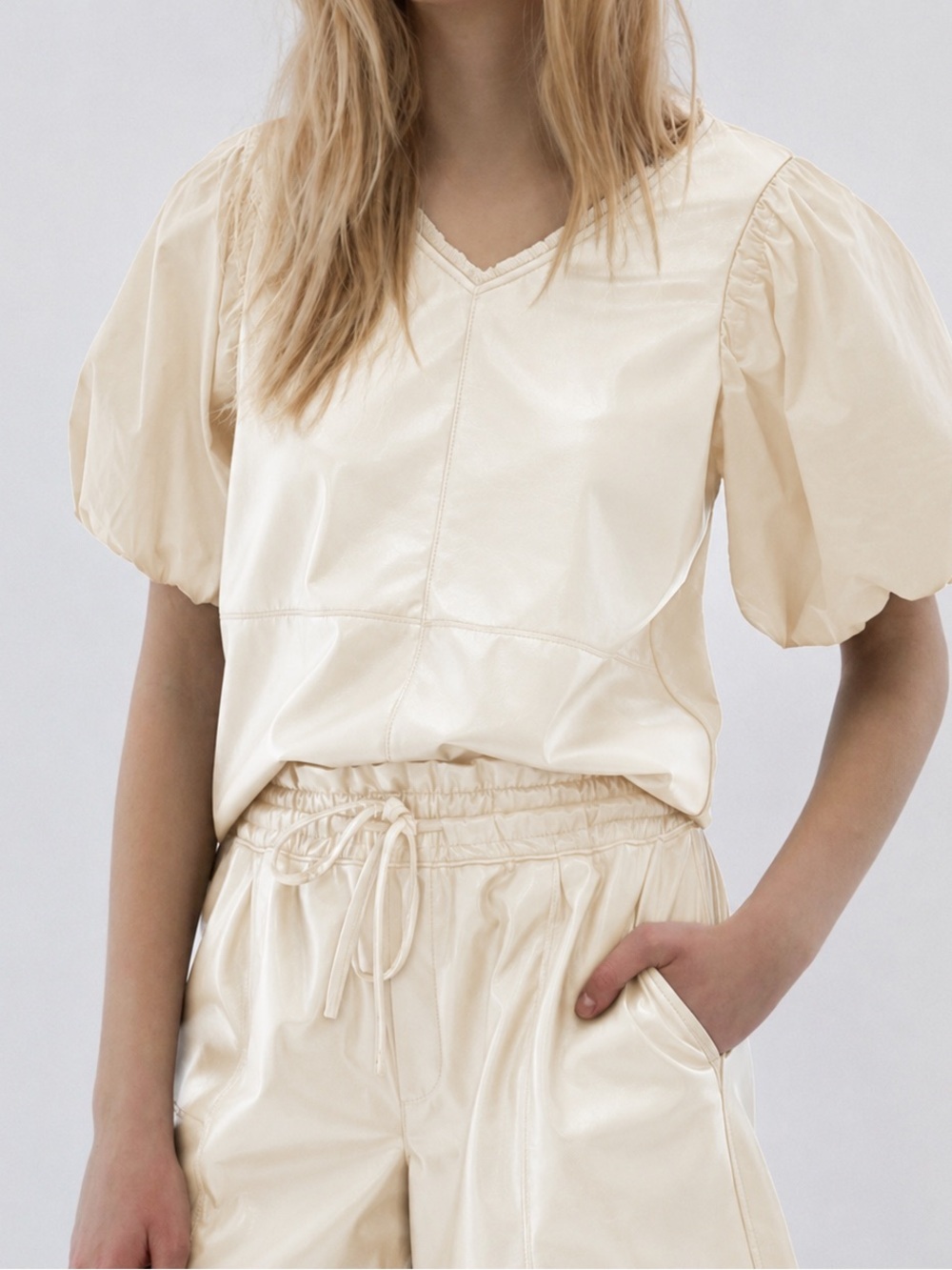 Melissa Nepton Jilla Puff Sleeve Faux Leather Ivory Cream Mixed Media Blouse P/S